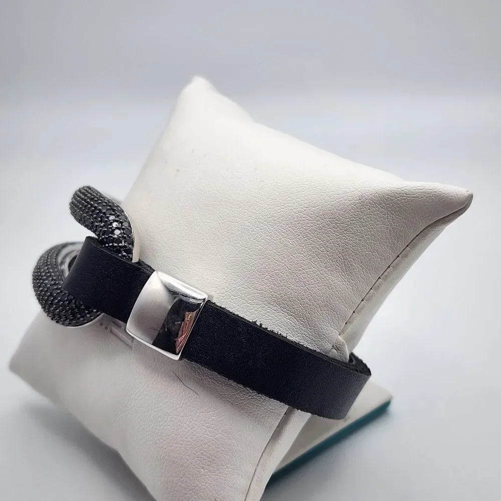 Milor Italy Bronze Silver Tone, Black Leather & Black Spinel Bracelet